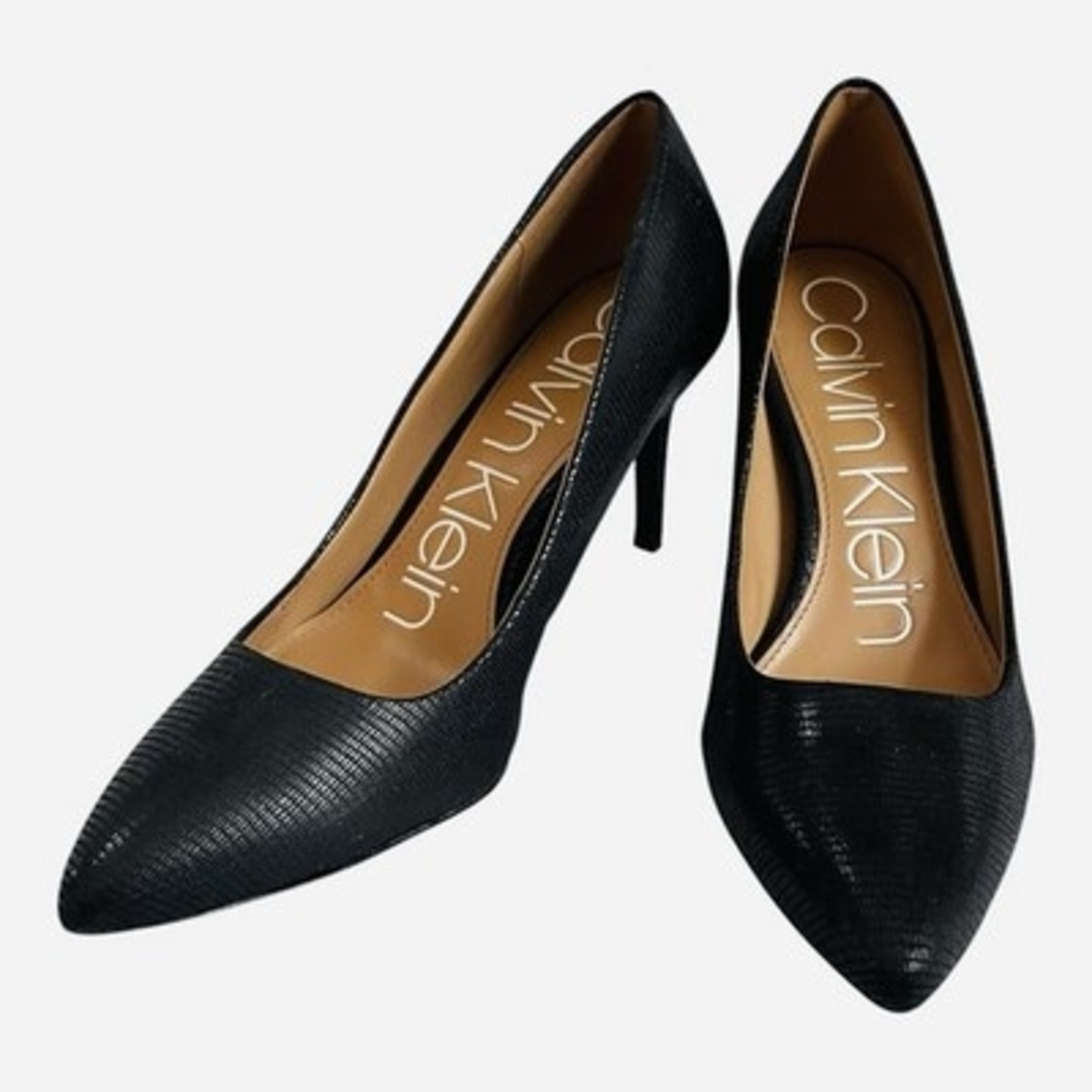 Calvin Klein Kamara Black Snake Embossed Pointed Toe Stiletto Pump Size 7 VG - Picture 3 of 8